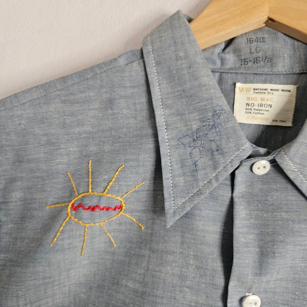 Vtg JCPenney Big Mac Blue Embroidered Chambray Work Shirt L Hippie Folk Art Boho - Picture 3 of 15